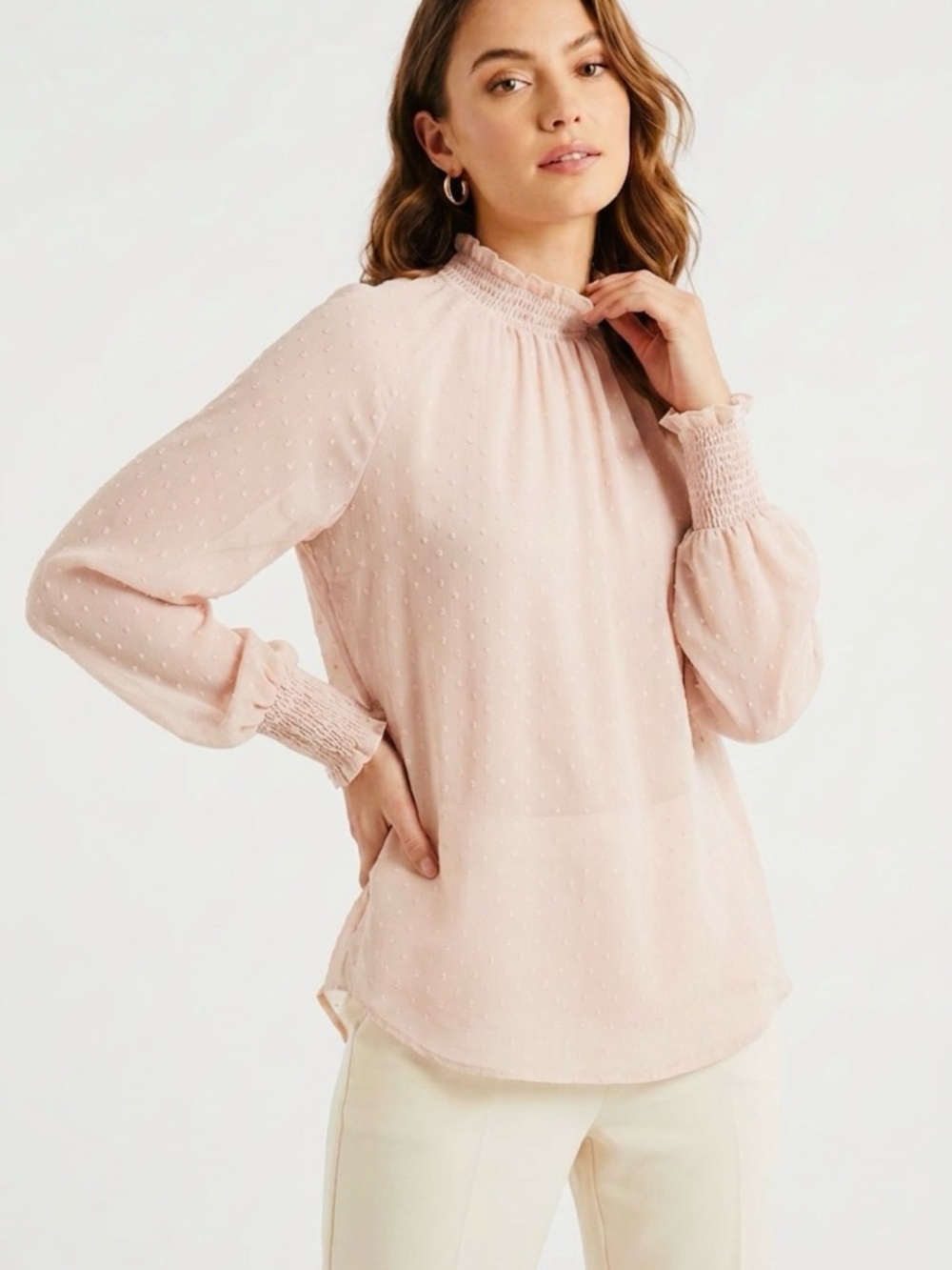 ANN TAYLOR Dot Smocked Ruffle Neck Chiffon Blush Soft Pink Blouse Smock Sleeves